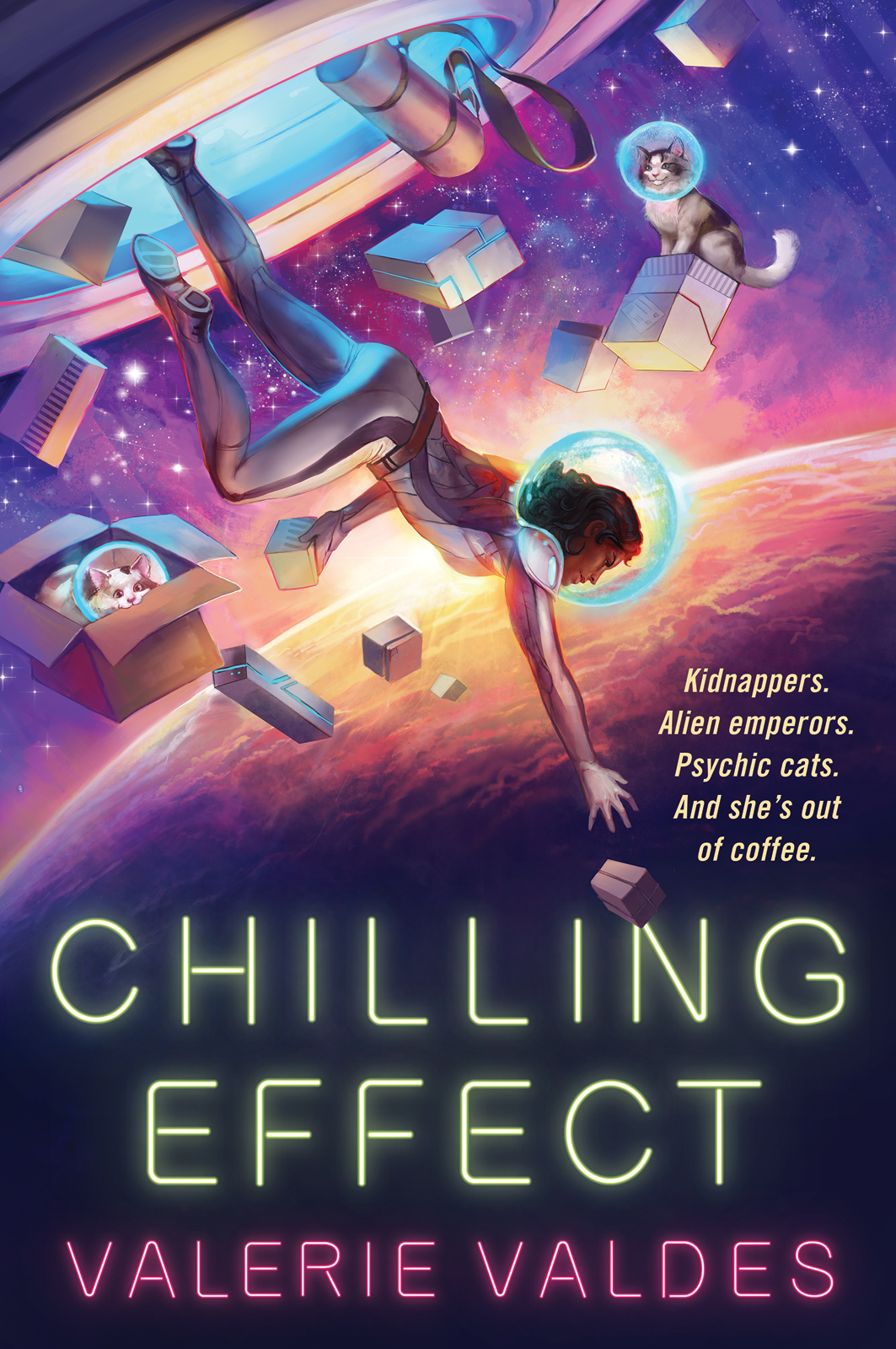 Cover of Prime Deceptions, featuring Eva Innocente falling out of her ship, reaching for a piece of cargo drifting in space, surrounded by other falling stuff and cats in space helmets on or inside boxes