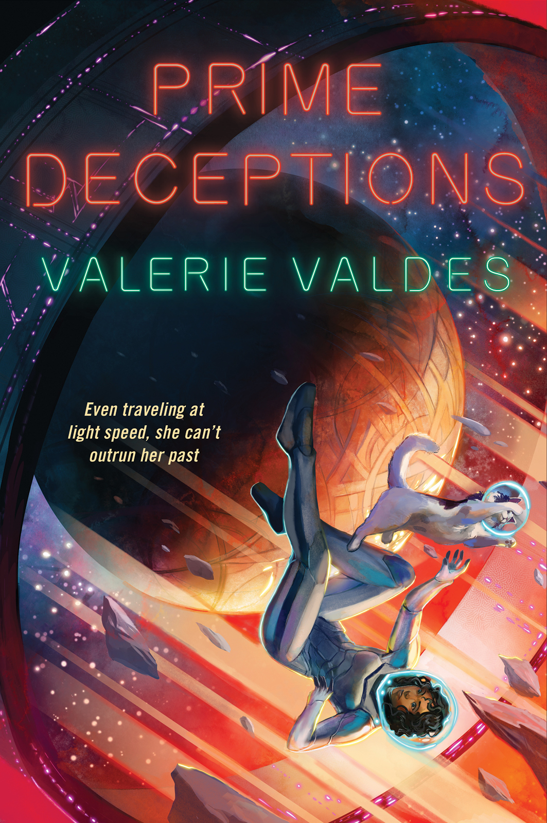 Cover of Prime Deceptions, featuring Eva Innocente falling upside-down through a space gate trying to catch a leaping cat, a planet in the background