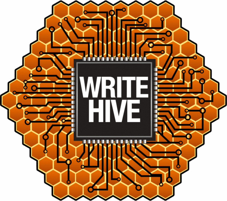 WriteHive logo, a honeycomb covered in circuit lines and circles, with a black computer chip in the center that reads "WriteHive"
