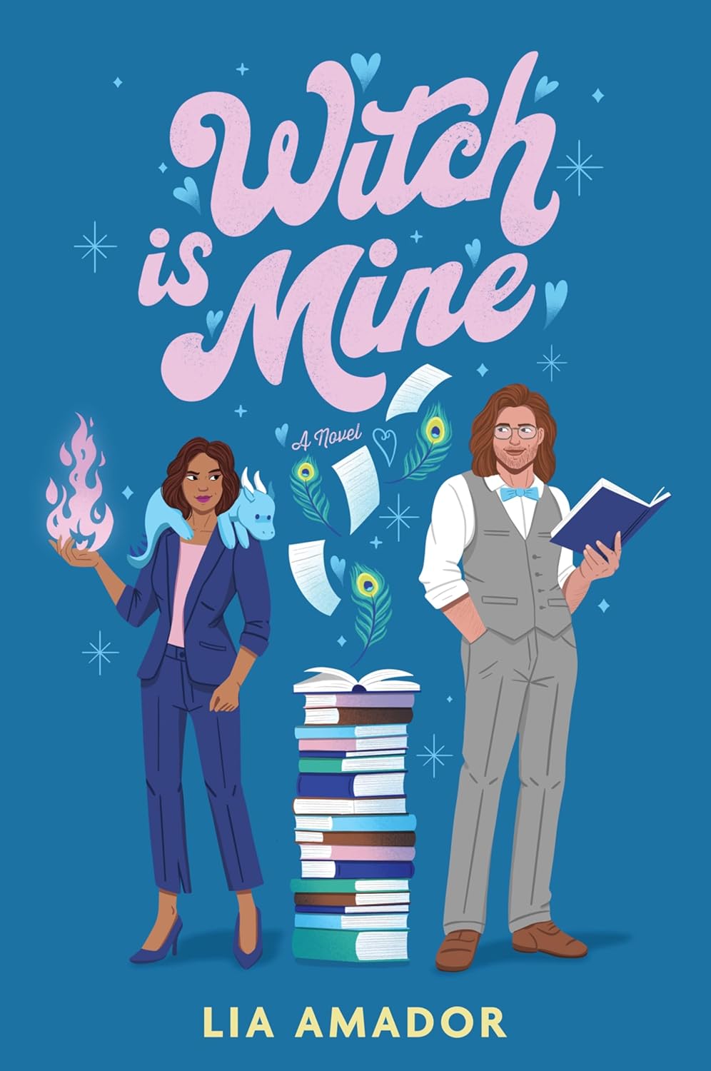 cover of Witch Is Mine, with Emelia on the left wearing a pantsuit and holding a pink fireball, a blue dragon plushie wrapped around her neck, Sebastian on the right holding a book wearing a vest and bowtie, between them a stack of books with papers and peacock feathers flying out of the top open book